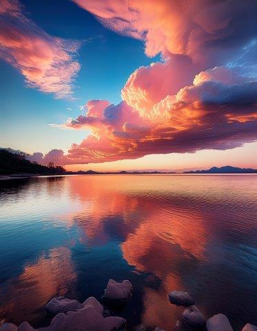 海面に映る神秘的な夕焼雲