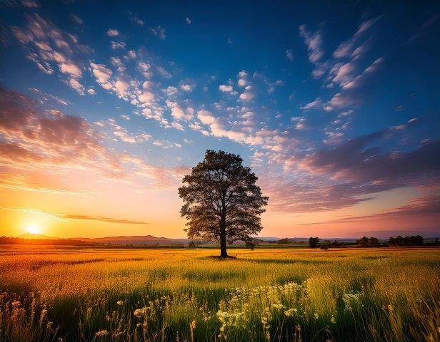 夕暮れ時の大草原と一本木