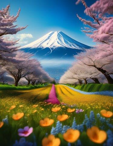 富士山と桜と花畑のイメージ