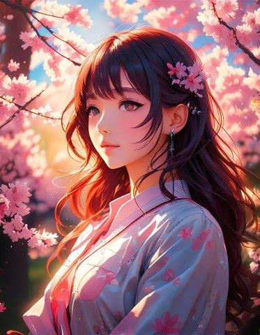 桜背景の人物イラスト（女性）