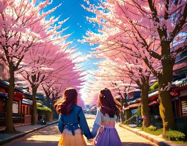 桜背景の人物イラスト（若い女性二人）