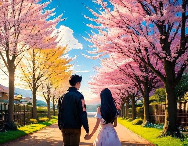 桜背景の人物イラスト（若い男女）