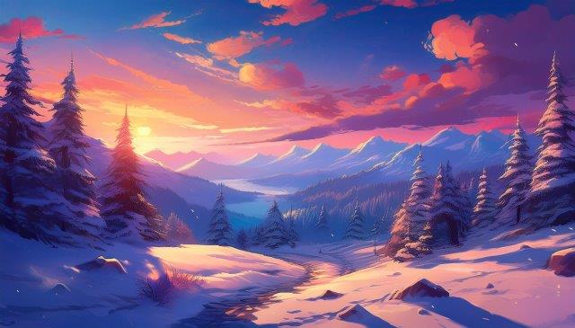 幻想的な雪山の夕暮れのリアルイラスト素材